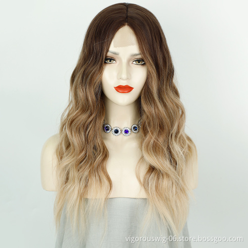 Vigorous Factory Light Brown Ombre Dark Roots Lace Front Wigs Middle Part for Black Women Long Body Wave Straight Wig